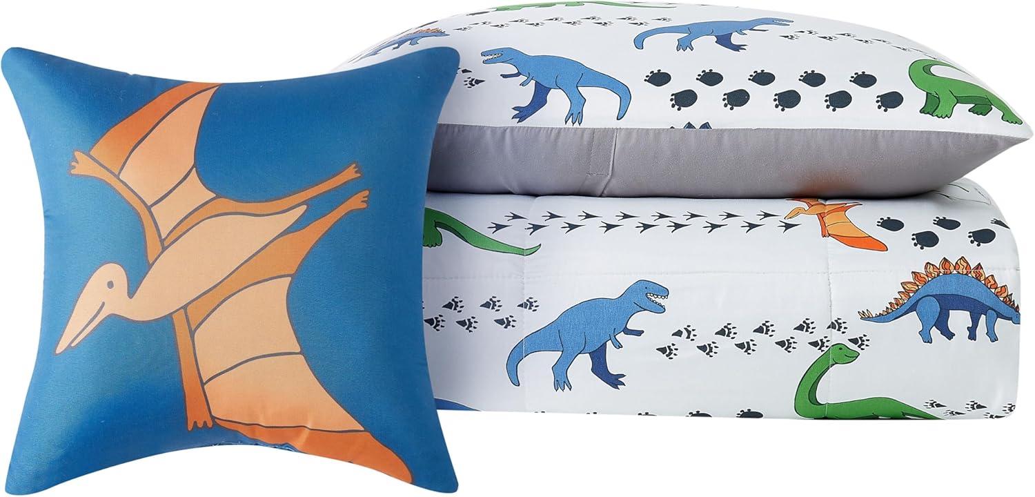Twin 3pc Dino Tracks Reversible Kids' Comforter Set White - My World: Dinosaur Bedding for Boys, Includes Pillow Sham