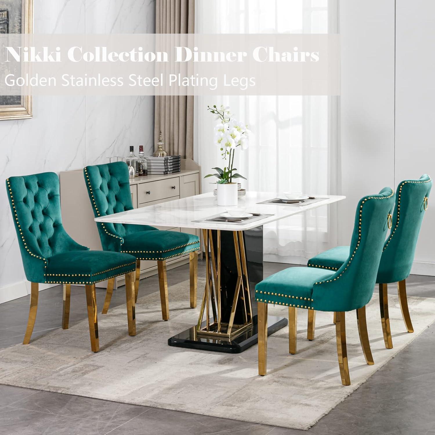 ODUSE-DAILY Green Velvet Dining Chairs Set of 4, Kitchen & Dining Room Chairs, Nailheads Tufted, Sillas De Comedor, Fabric Upholstered, Golden Metal Legs (Green, 4 Pcs)
