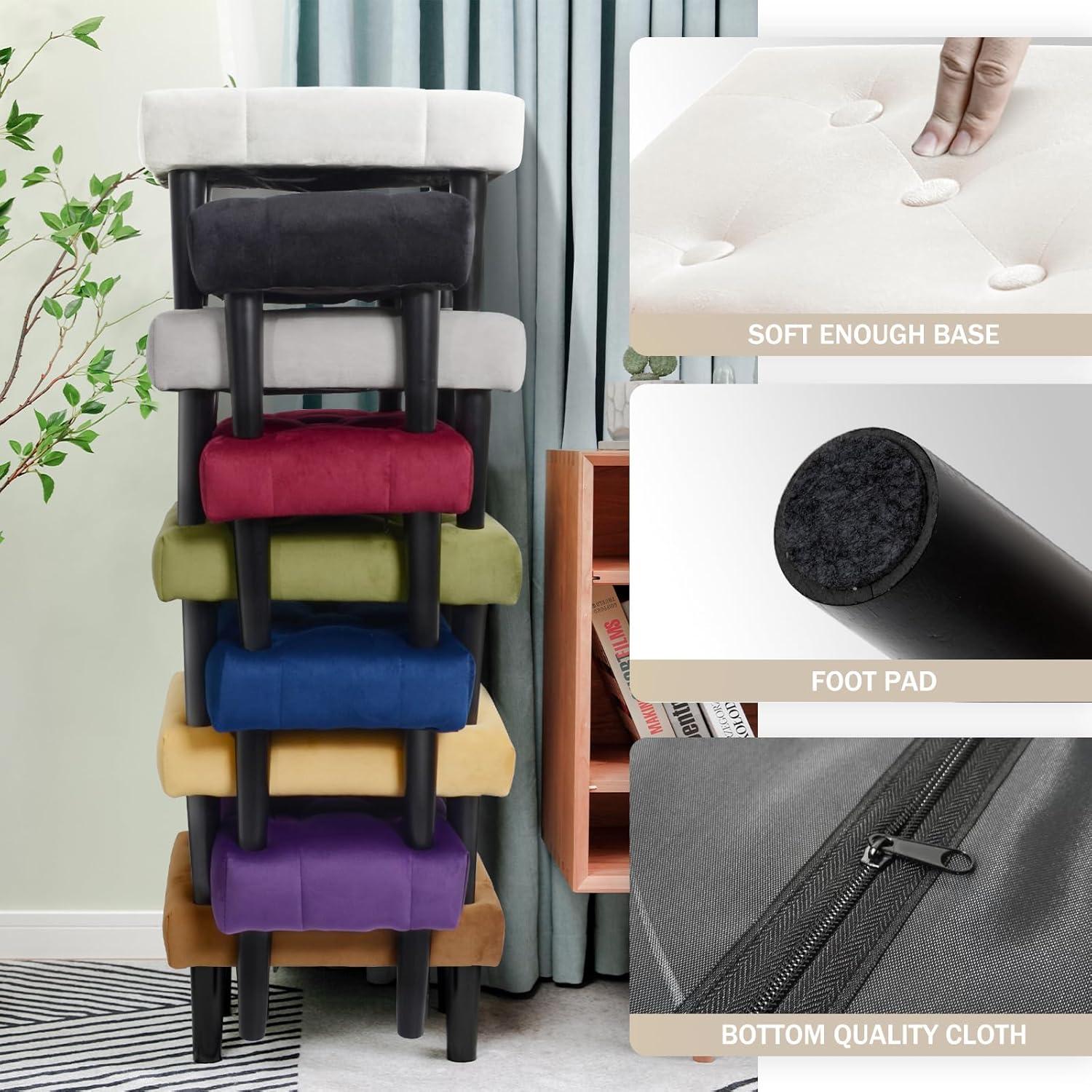 HOUCHICS Small Footstool Ottoman,Velvet Soft Footrest Ottoman with Wood Legs,Sofa Footrest Extra Seating for Living Room Entryway Office(White 1PACK)