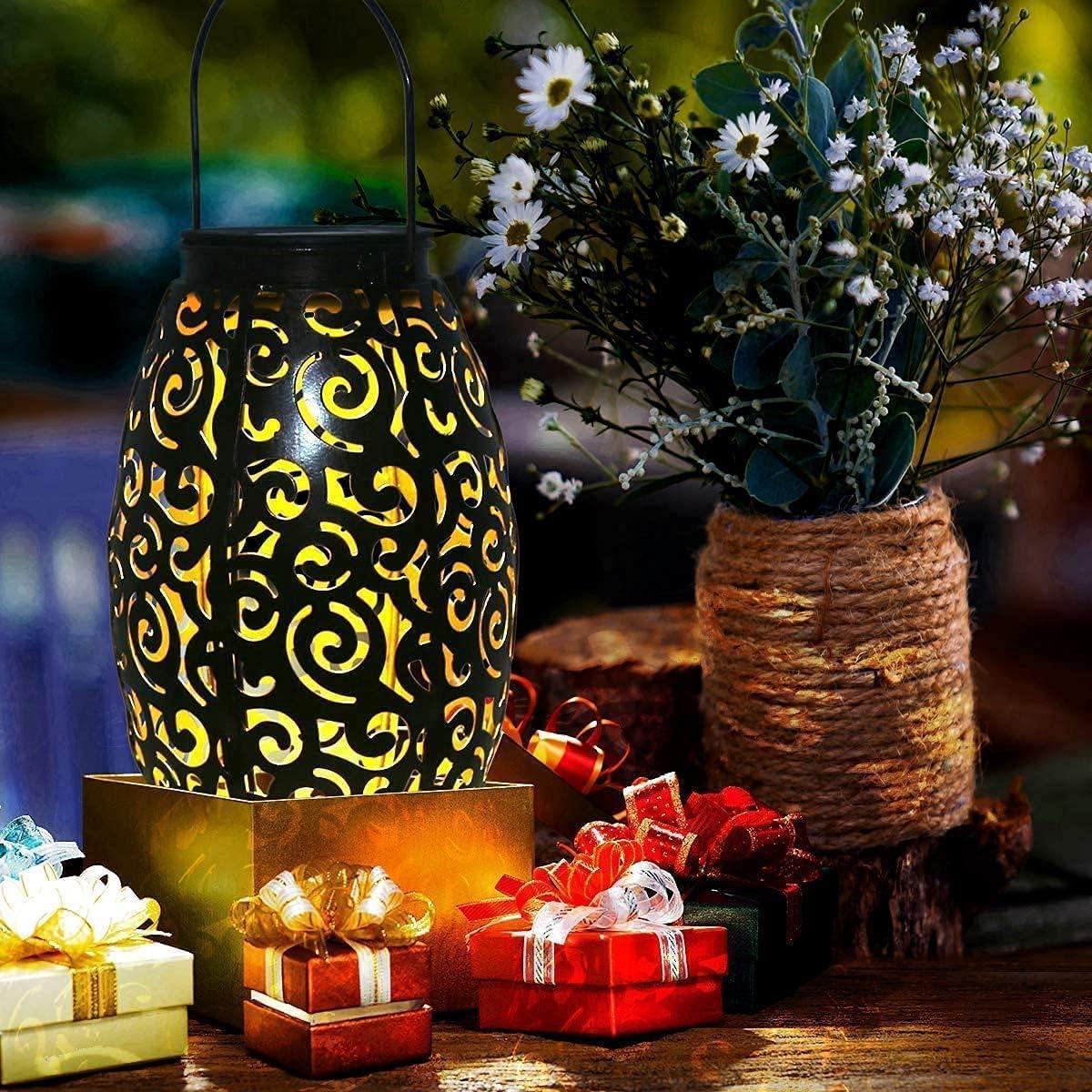 Bronze Solar LED Lantern with Handle and Hollowed Pattern