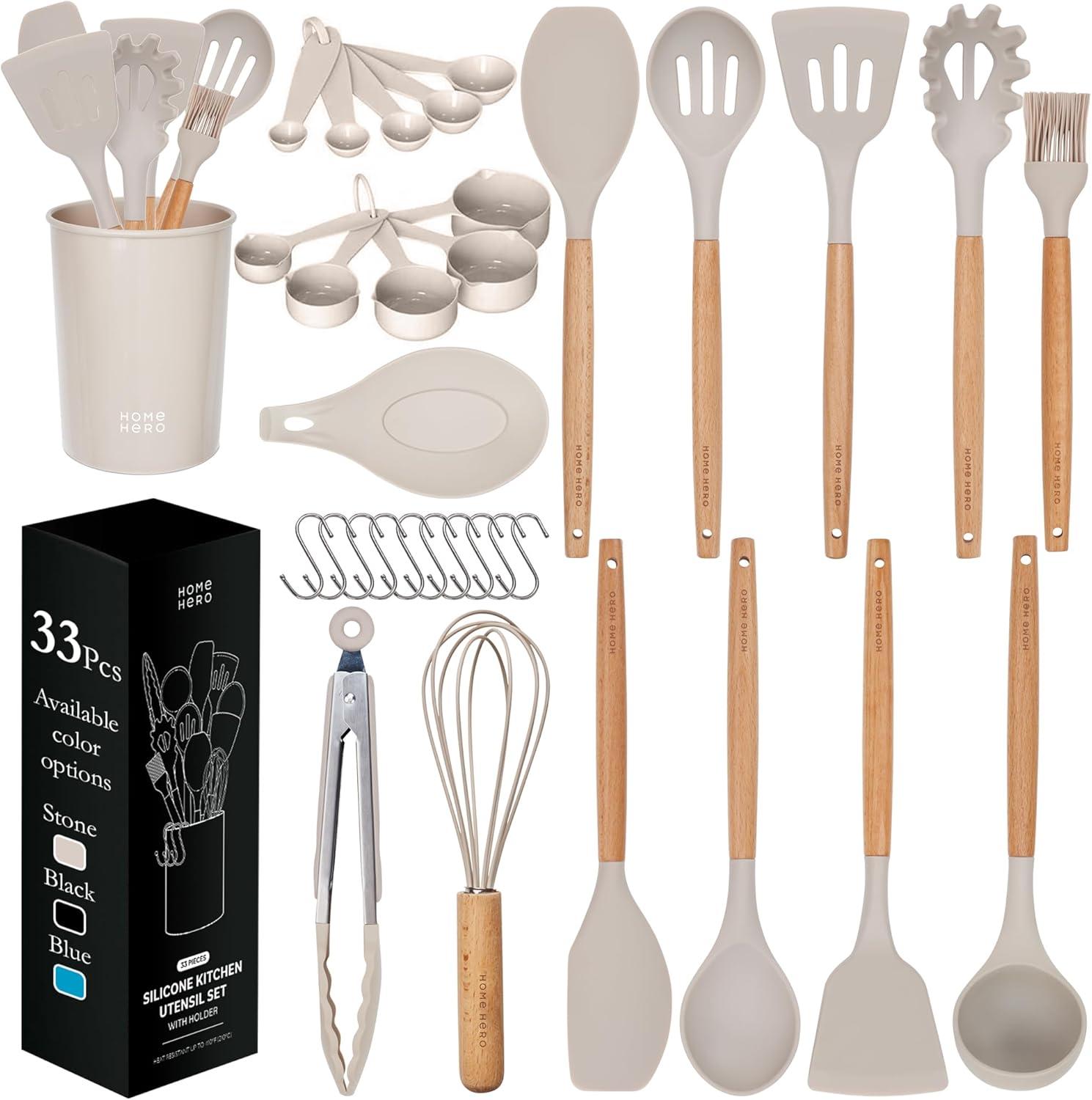 AOKIWO Silicone and Wood Non-Stick Cooking Utensil Set, 33 pcs