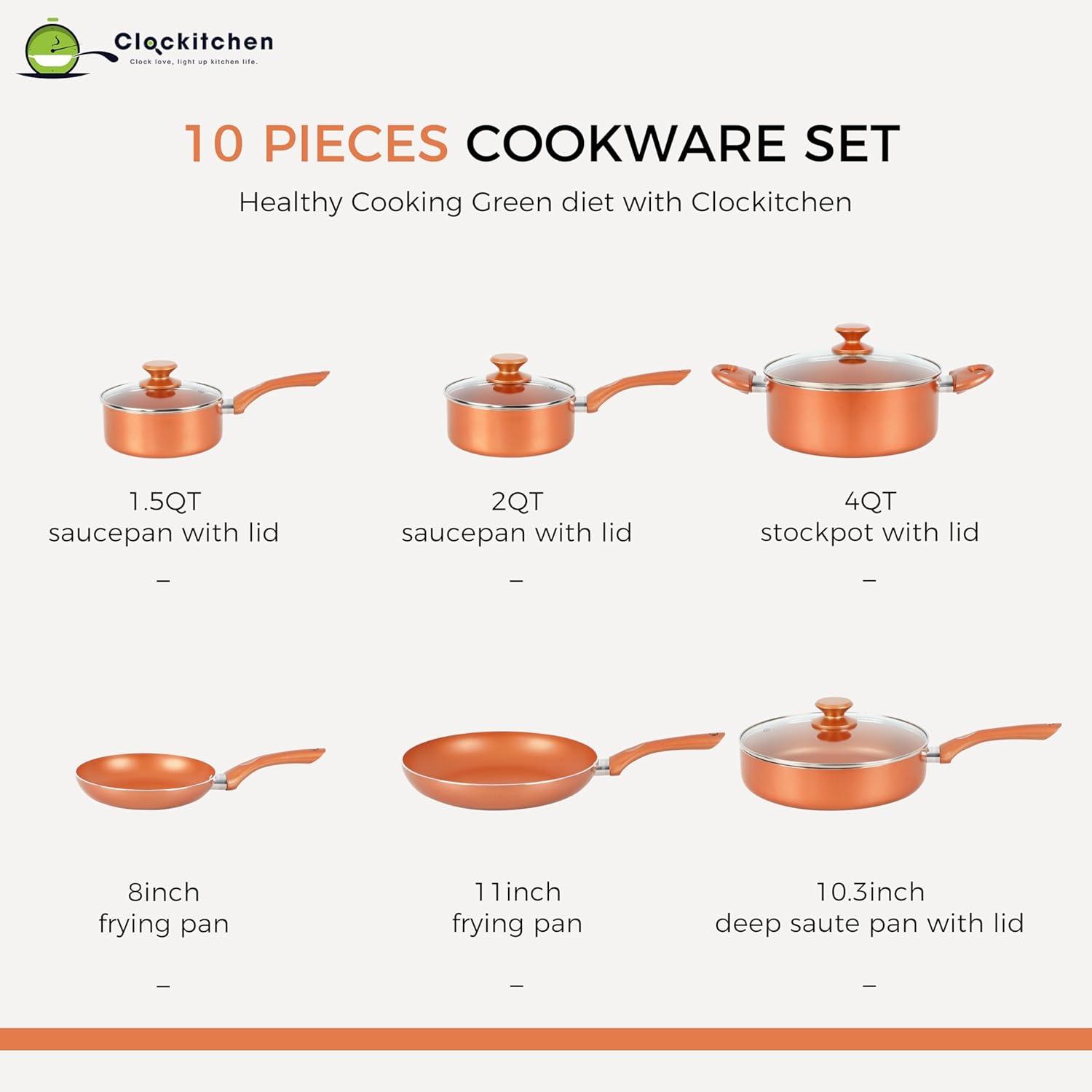 Clockitchen Non Stick Pots and Pan Set, 10pcs Cookware Set with Ceramic Coating, Non-toxic Cooking Pot, Compatible with All Stoves, Copper
