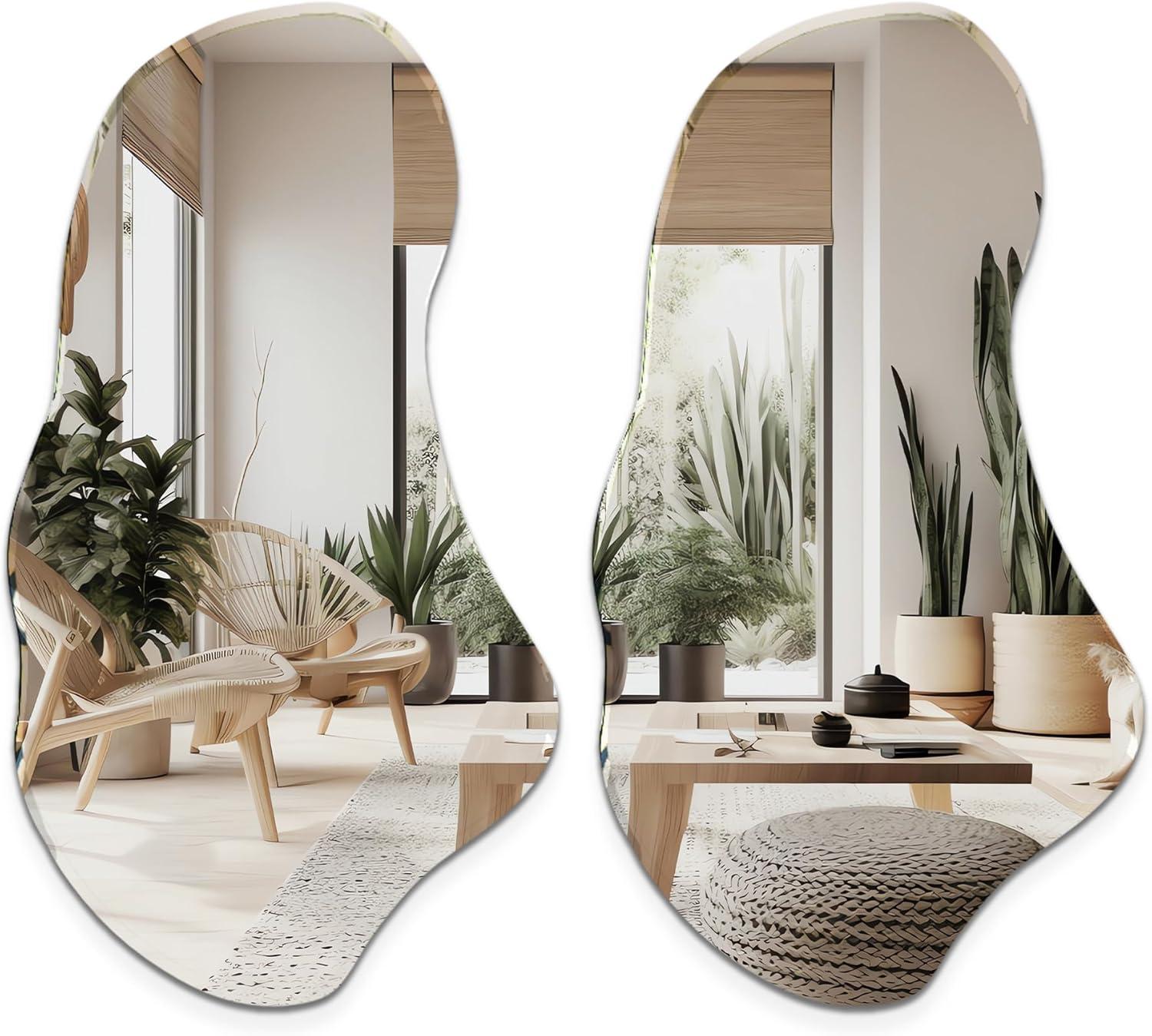 Irregular Wall Mirror, Set of 2, 31.5 x 17.5, Asymmetrical Curvy Groovy Blob Decor for Living Room Entryway Bathroom