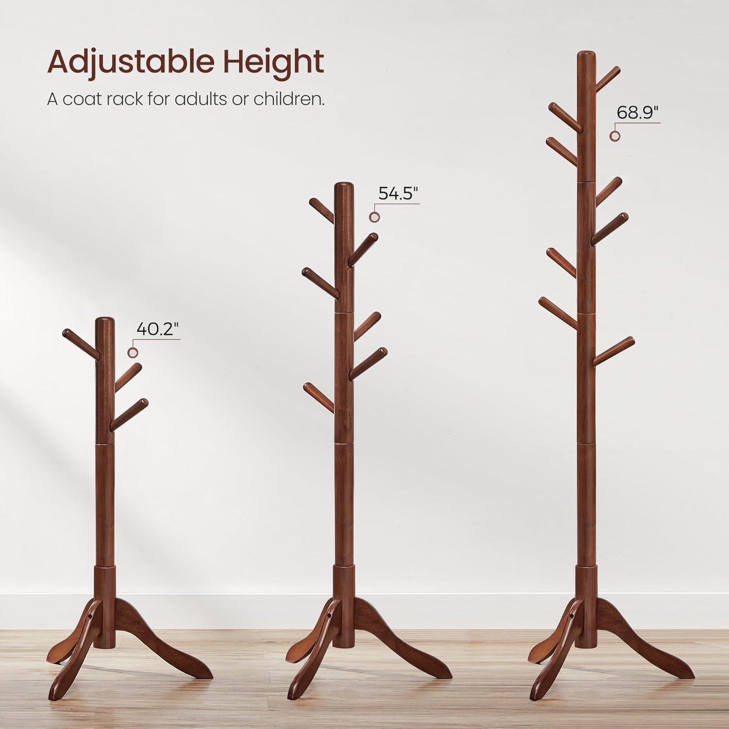 VASAGLE 8 Hooks Coat Rack Solid Wood Free Standing Coat Rack with Tree-Shaped Coat Rack 3 Height Options for Clothes Hats Bags for Living Room Bedroom Home Office Dark Walnut