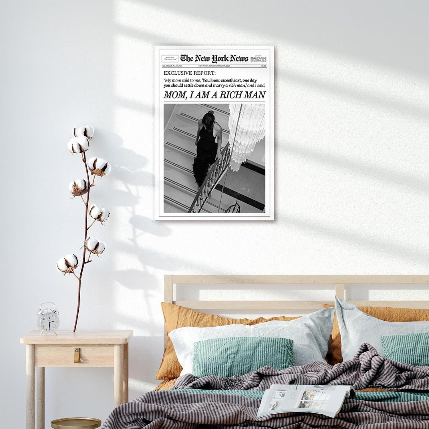 Trendy Black and White Newspaper Canvas Wall Art Poster