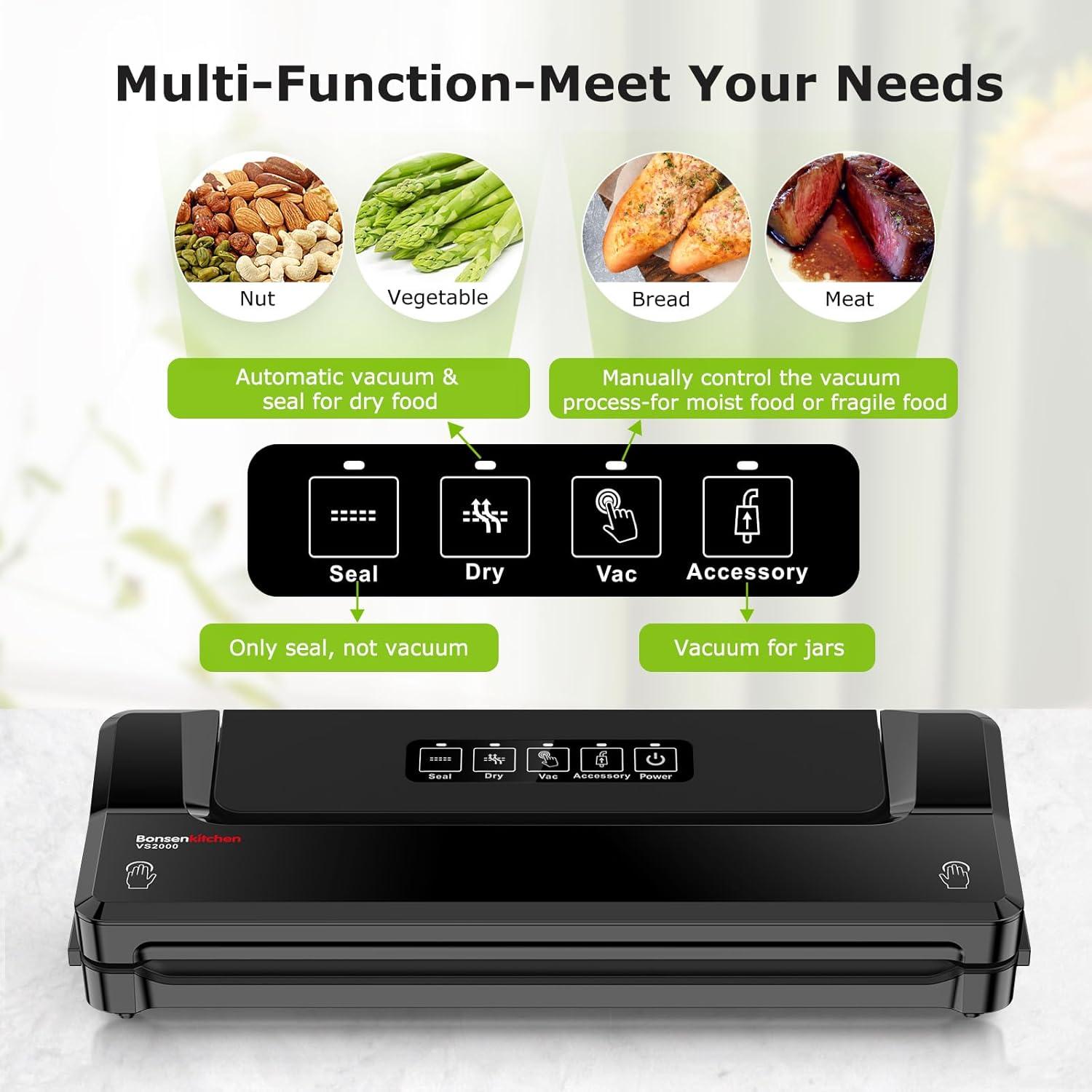 Bonsenkitchen Multi-Functional Food Vacuum Sealer with Globefish Technology for High-Speed Continuous Working, Vacuum Bags & Accessory Hose, Black