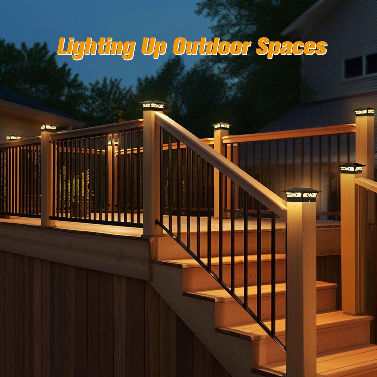 Solar Post Cap Lights: 6 - Pack Outdoor Post Light for White/Black 4x4 Vinyl Fence Deck - Dock 4x4/6x6 Wooden Post 2 Color Modes Waterproof Warm White