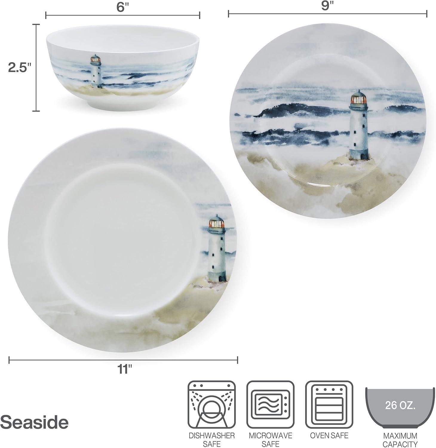 Seaside Coastal Multicolor Porcelain 12-Piece Dinnerware Set, Service for 4