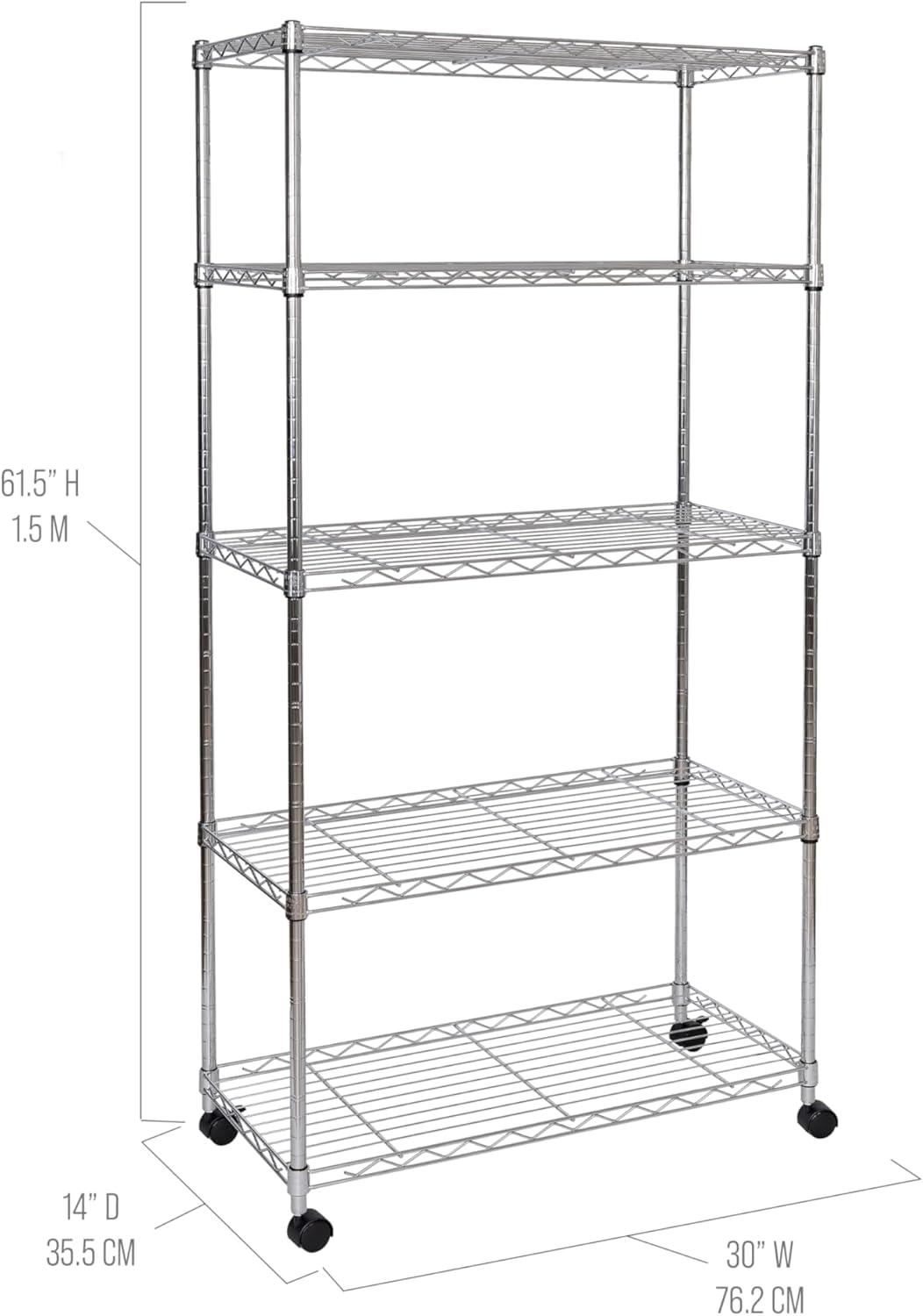 Seville Classics 5-Tier Steel Wire Shelving with Wheels, 30" W x 14" D x 60" H, Chrome Plated