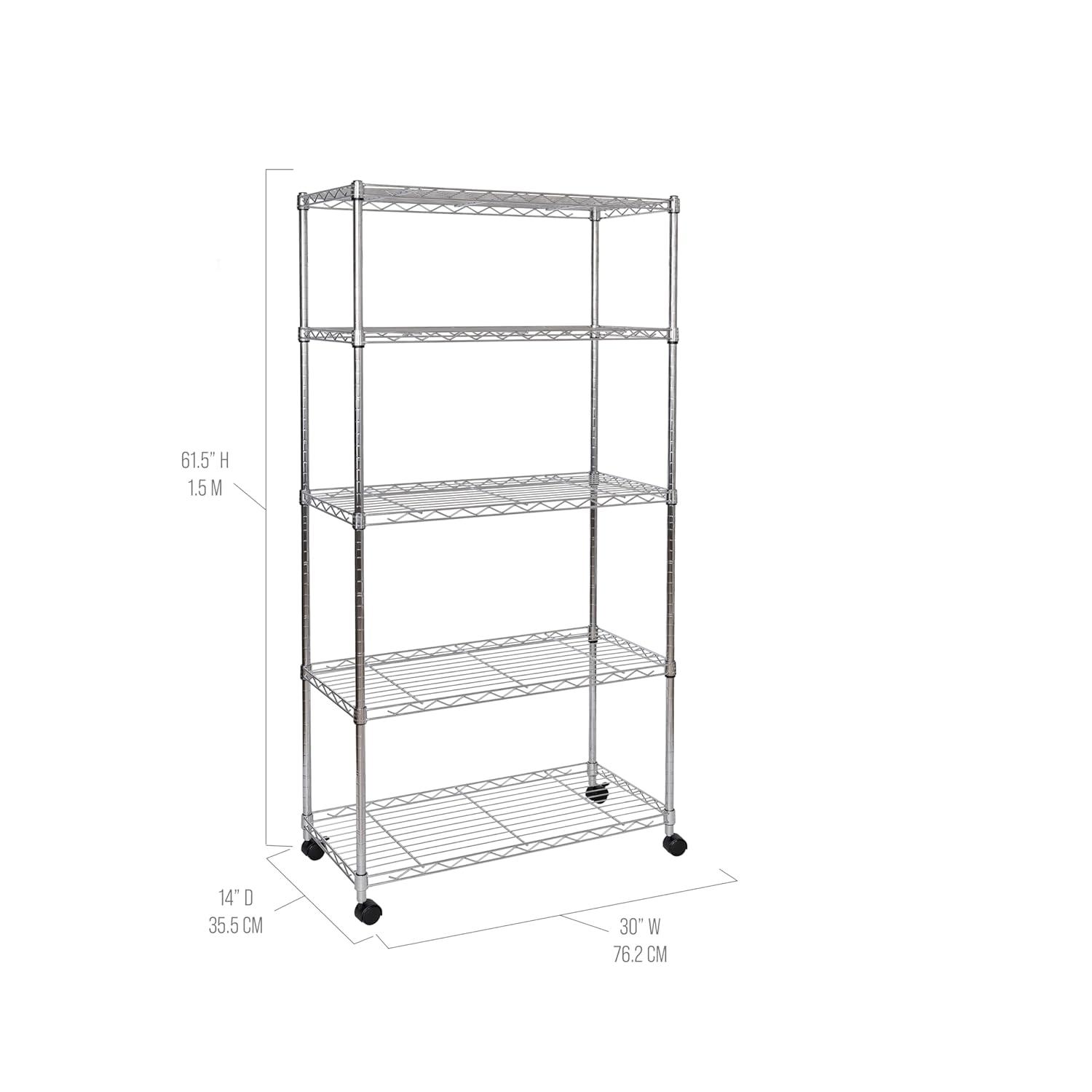 Seville Classics 5-Tier Steel Wire Shelving with Wheels, 30" W x 14" D x 60" H, Chrome Plated