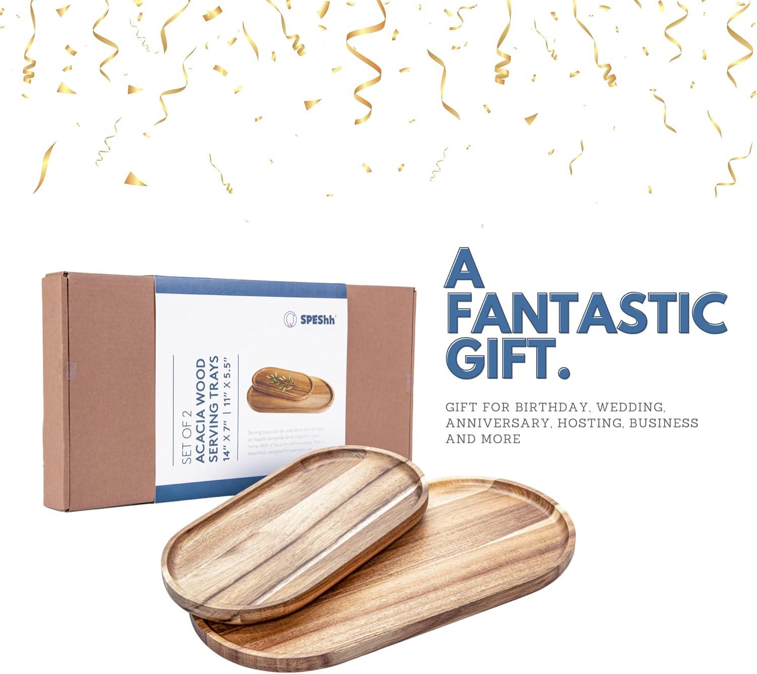 SPEShh Acacia Wooden Serving Trays Set of 2 - Rectangular Oval Shaped Wood Plates for Charcuterie Cheese Bread Fruit Vegetable Dip Sushi - Rustic Serving Platter Shallow Dishes -14x7 & 11x5.5 In.