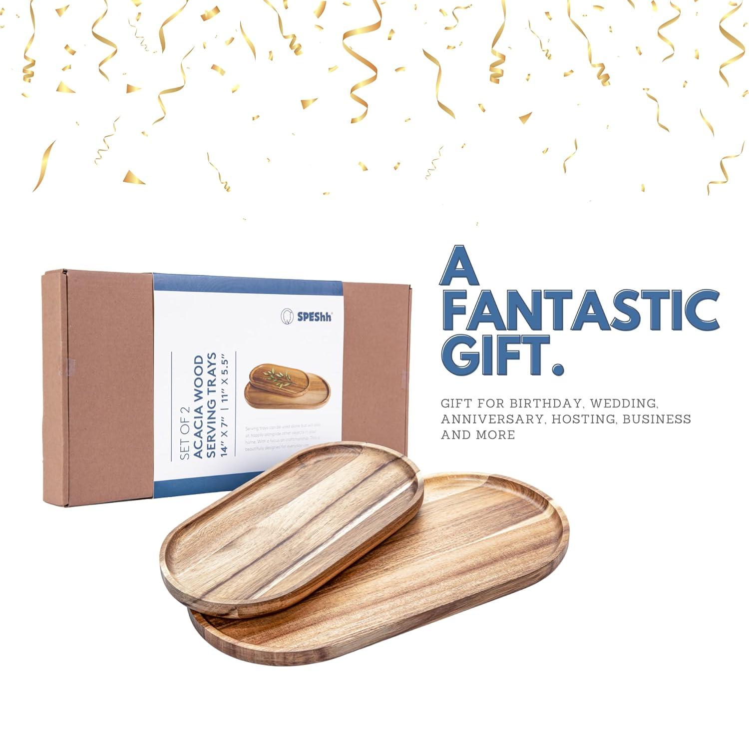 SPEShh Acacia Wooden Serving Trays Set of 2 - Rectangular Oval Shaped Wood Plates for Charcuterie Cheese Bread Fruit Vegetable Dip Sushi - Rustic Serving Platter Shallow Dishes -14x7 & 11x5.5 In.