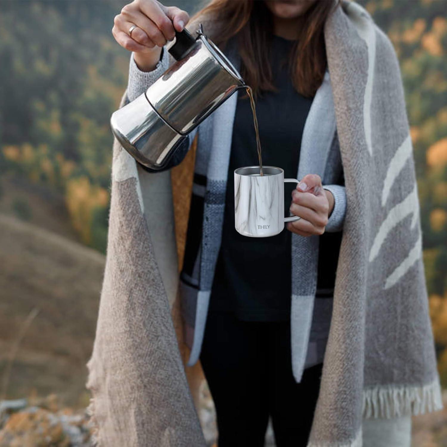 Vacuum Insulated Travel 12 oz Coffee Mug with Handle, THILY Stainless Steel Cup with Spill-Proof Lid, Keep Coffee Cold, Great for Camping, White Marble