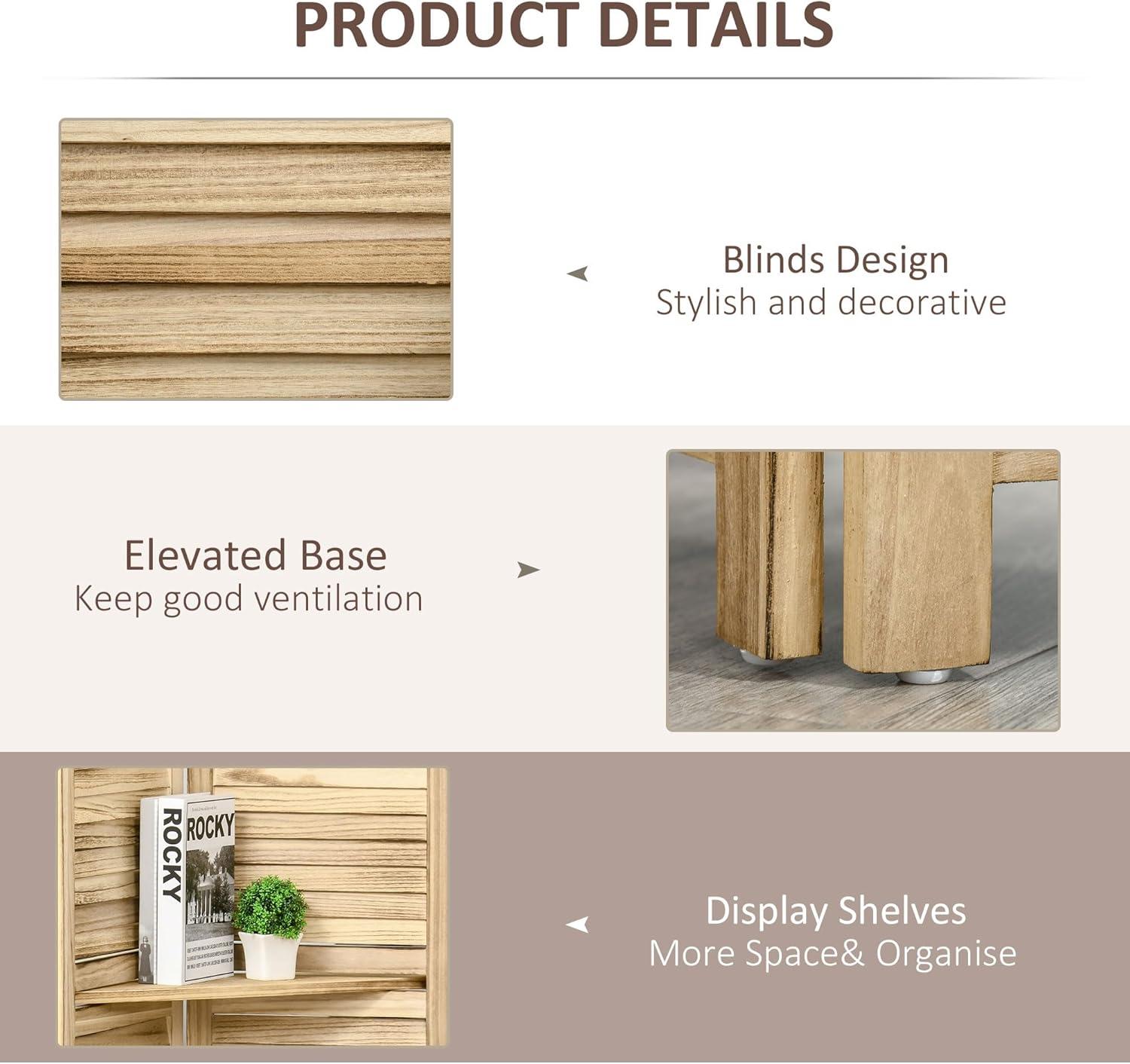 HOMCOM Room Divider, 4 Panel 67" Tall Wood Privacy Screen with 3 Display Shelves, and Folding Storage for Bedroom or Home Office, Natural Wood Color