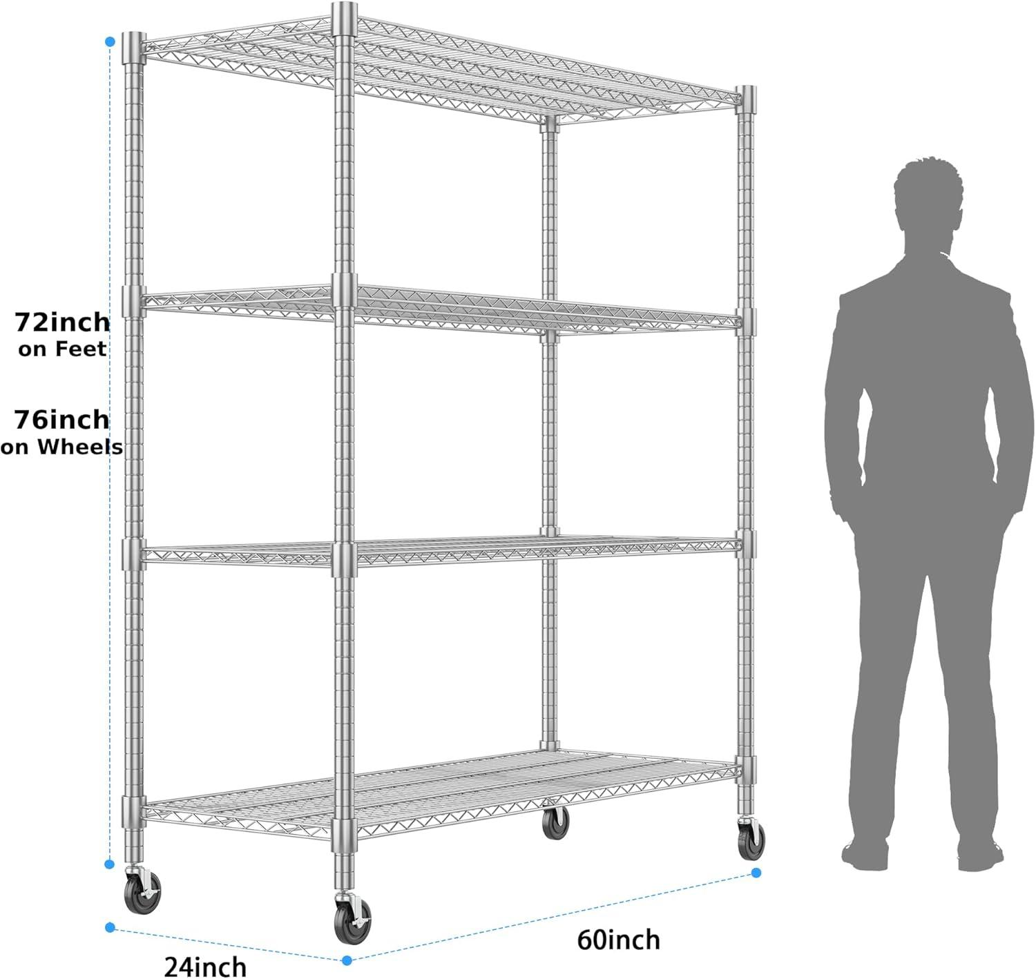 Homdox Heavy Duty Metal Shelves for Storage, 4 Tier Storage Racks and Shelving, Commercial Adjustable Wire Shelving Unit on Wheels, Garage Rack Pantry Shelves Kitchen Shelving, 24"x48"x72", Chrome