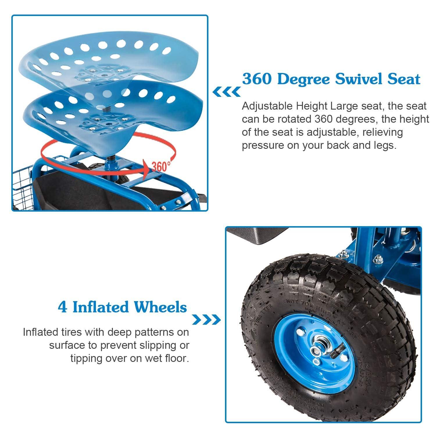 Rolling Garden Cart Scooter Stool - Garden Seat with Wheels Garden Cart with Seat, Adjustable Handle 360 Degree Swivel (Blue)