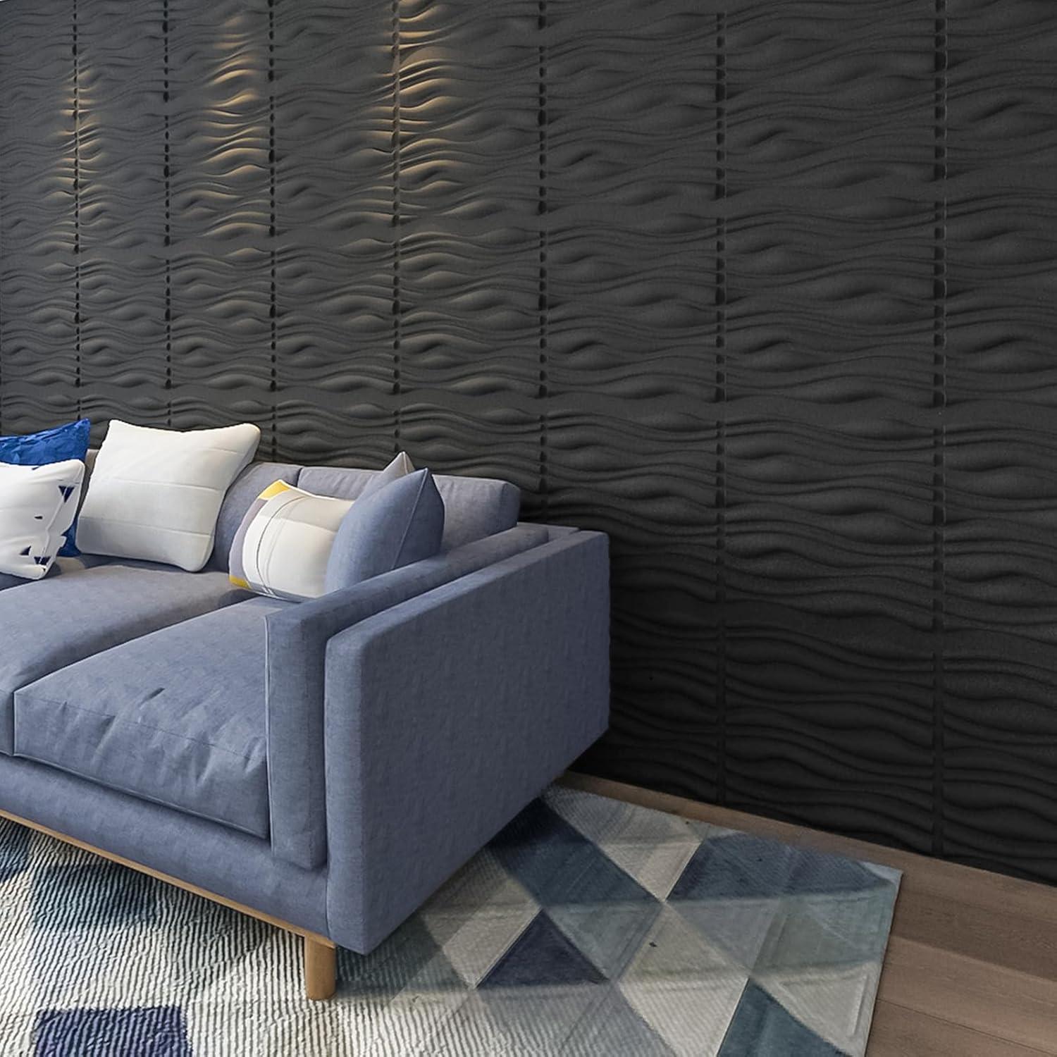 Black Textured PVC 3D Wave Wall Panels, 19.7" x 19.7" (12 Pack)