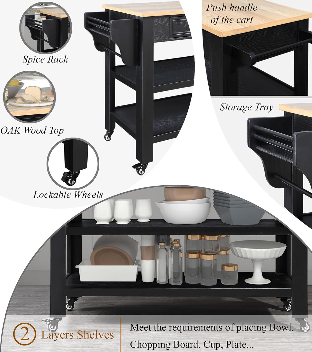 57 Inch Solid Wood Kitchen Island Cart,Solid Oak Wood Top Rolling Kitchen Cart with 2 Drawers,2 Storage Shelves,Wine and Spice Rack,Black