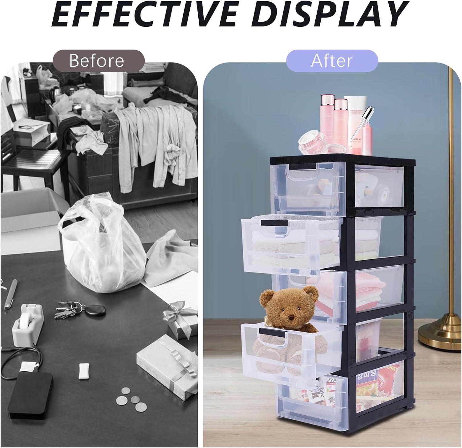 Peakora Plastic drawers dresser with 5 spacious drawers, transparent compartments, sturdy PP material, stackable design, easy to move with wheels, ideal for organizing clothes and accessories