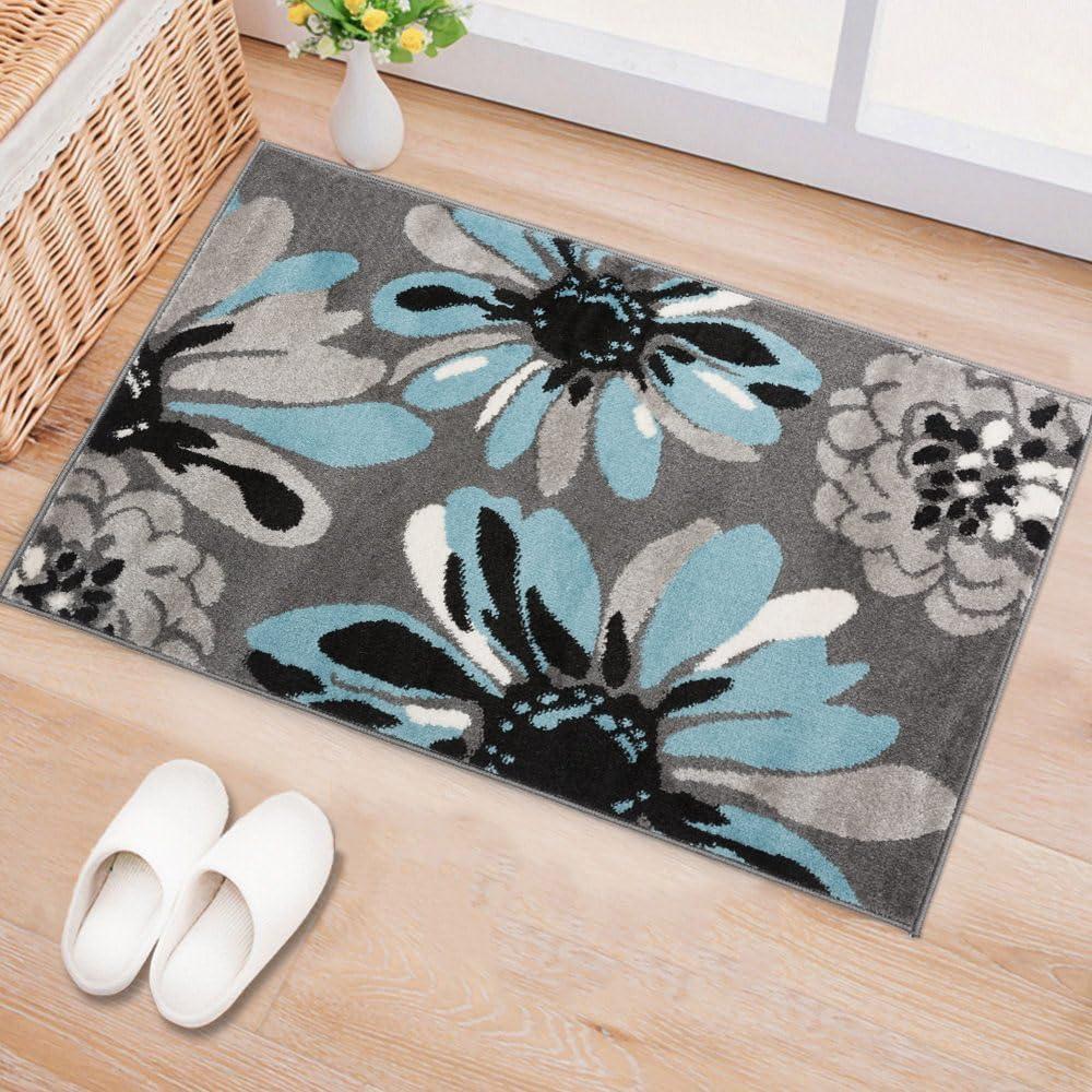 World Rug Gallery Contemporary Modern Flowers Door Mat - Blue 2' x 3': Floral, Stain-Resistant, Low Pile, Indoor Use