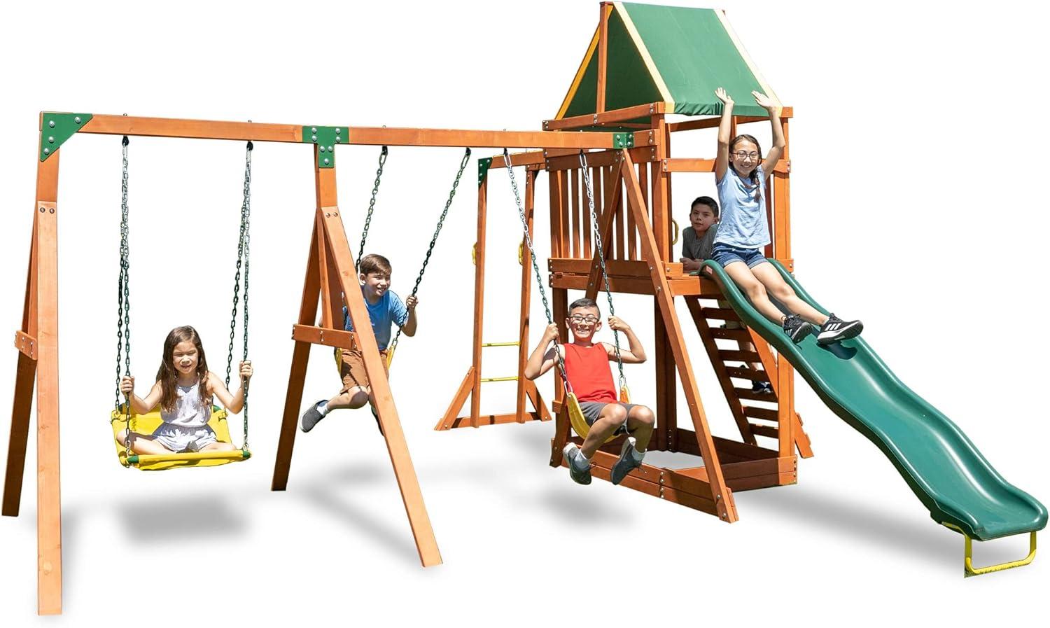 Olympia Natural Wood Swing Set with Green Slide and Fort