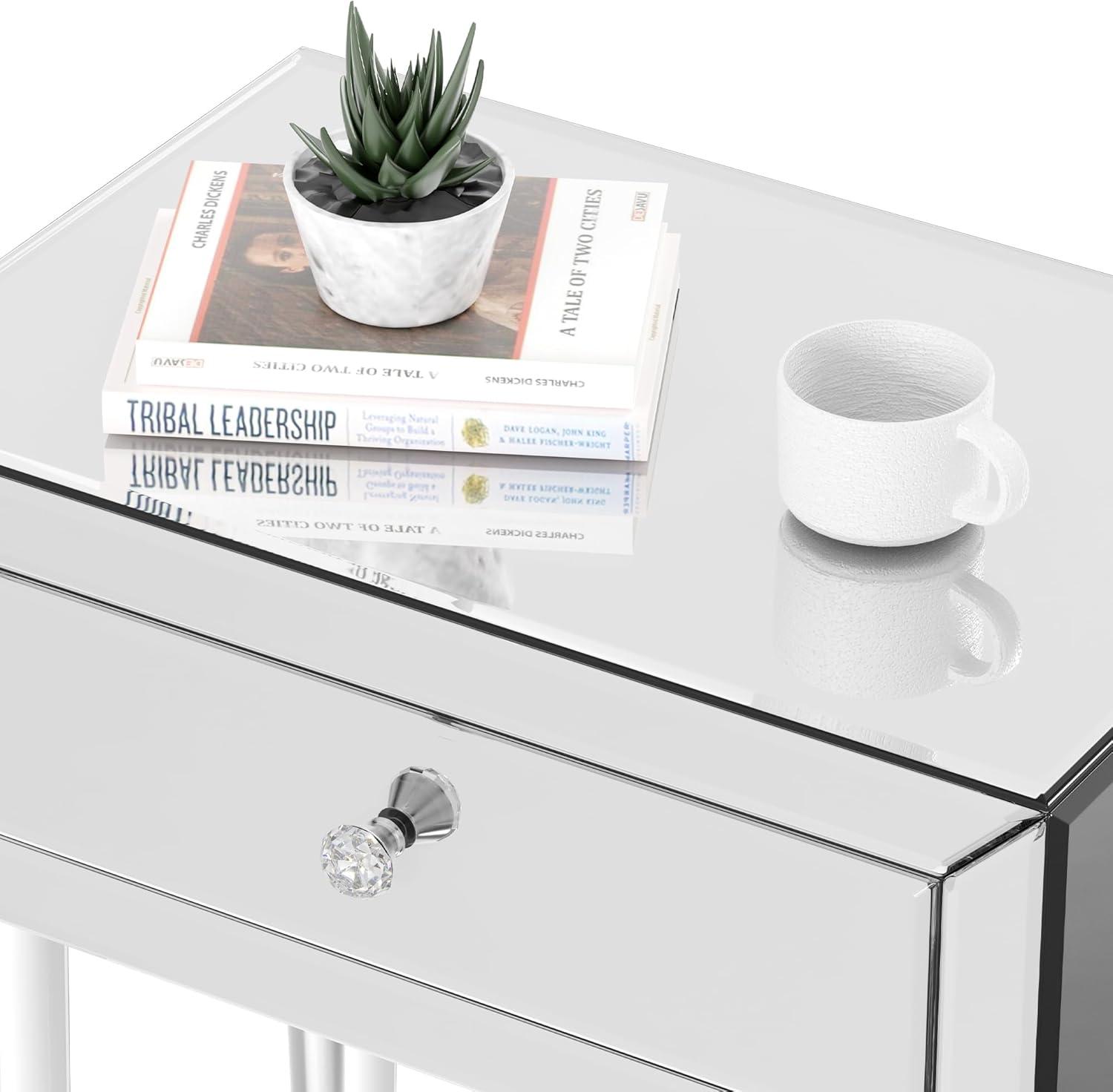 Mirrored Nightstand, Modern End Table with Drawer, Bedside Tables with Acrylic Legs for Bedroom, Living Room, Silver