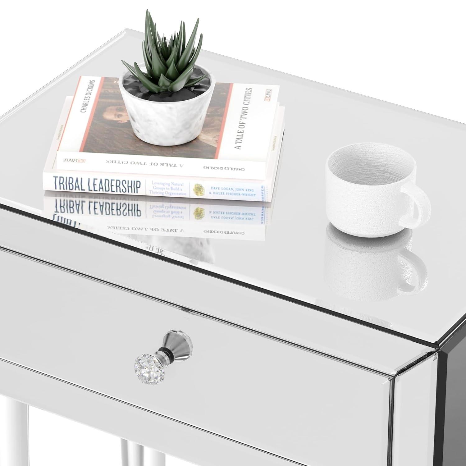 Mirrored Nightstand, Modern End Table with Drawer, Bedside Tables with Acrylic Legs for Bedroom, Living Room, Silver