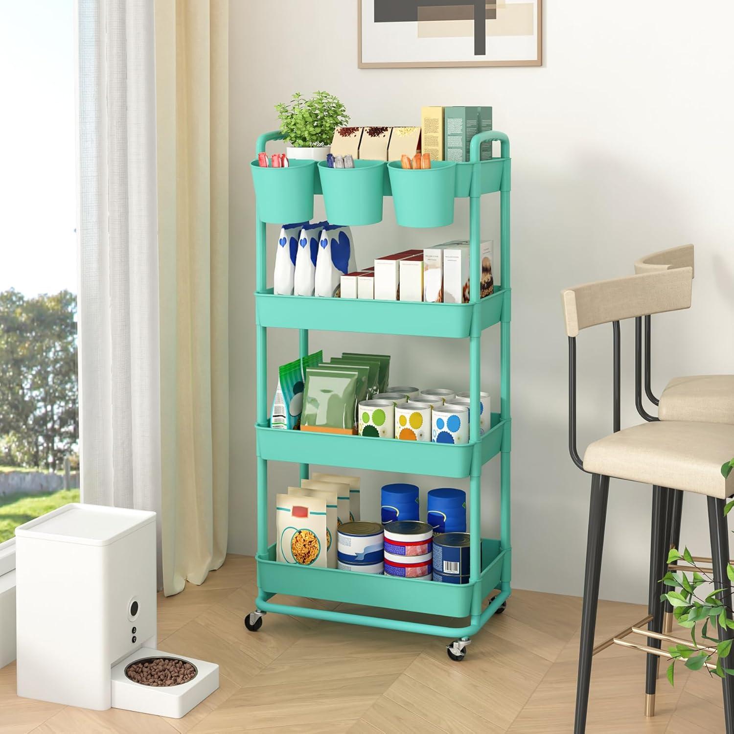 White 4-Tier Plastic Rolling Storage Cart with Lockable Wheels