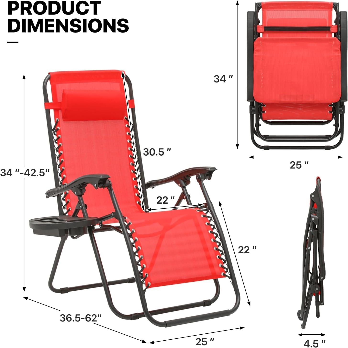 MoNiBloom Zero Gravity Lounge Chairs, Outdoor Patio Folding Beach Recliners with Headrest and Foot, Red