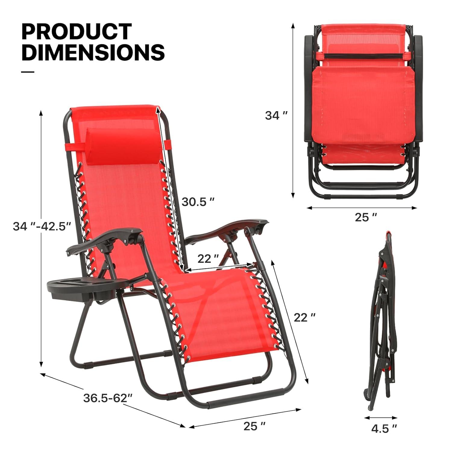 MoNiBloom Zero Gravity Lounge Chairs, Outdoor Patio Folding Beach Recliners with Headrest and Foot, Red