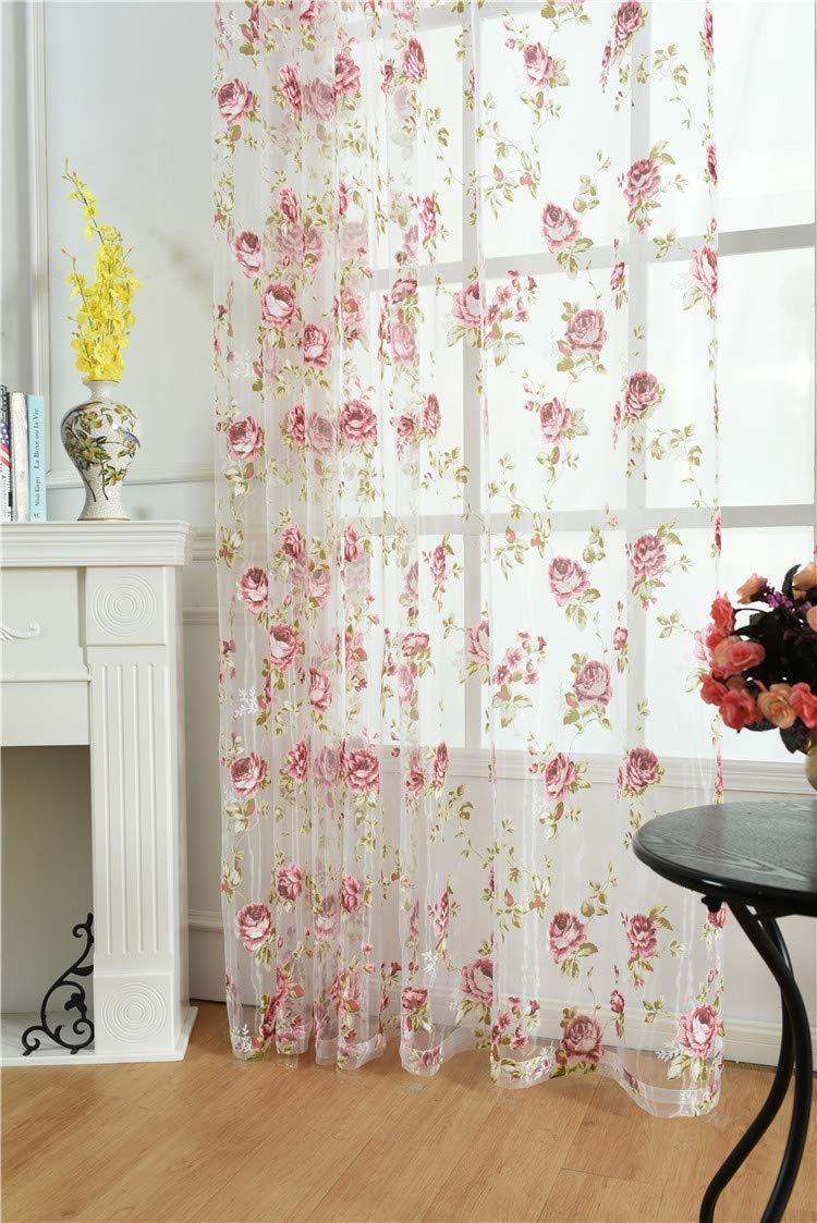 Rod Pocket Top Rose Floral Sheer Voile Curtain, Pink Flower Tulle Transparent Window Treatment for Living Room Bedroom Glass Door, 54 by 84 Inch Each,1 Set of 2 Panels …