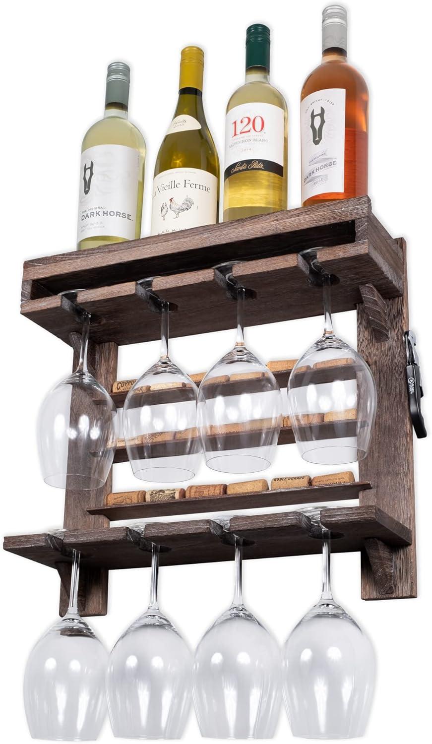 Rustic Dark Wood Wall-Mounted Wine Rack with Stemware Holder