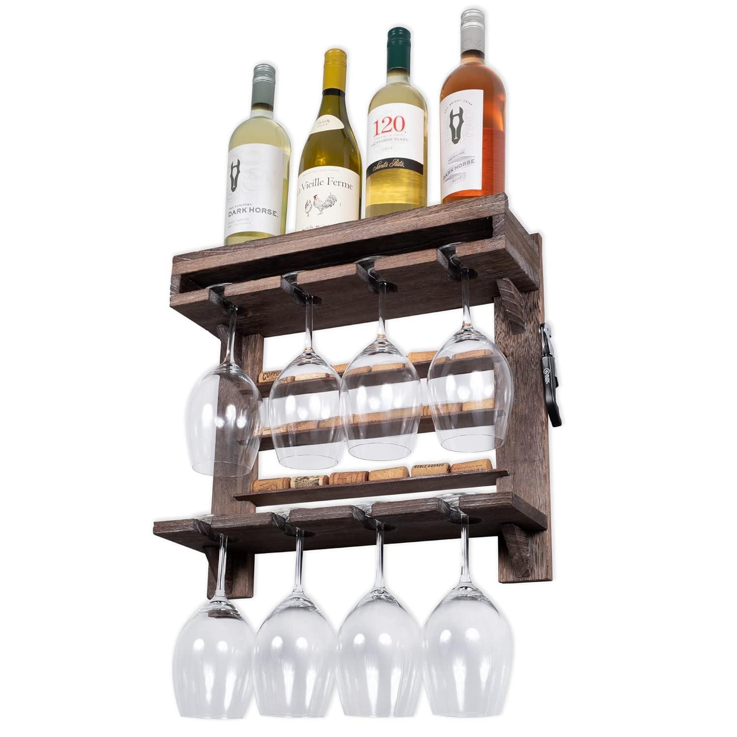Rustic Dark Wood Wall-Mounted Wine Rack with Stemware Holder