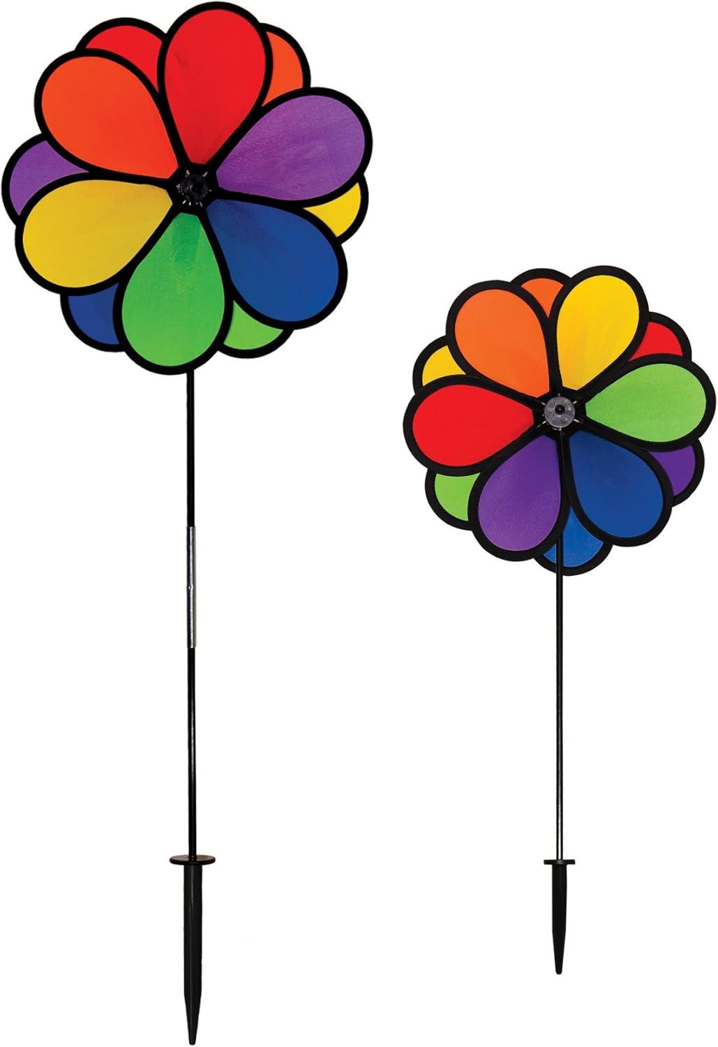 In the Breeze 2745 — Double Dazy Flower 14-inch Ground Spinner — Rainbow Flower Wind Spinner — Colorful Yard or Garden Decoration