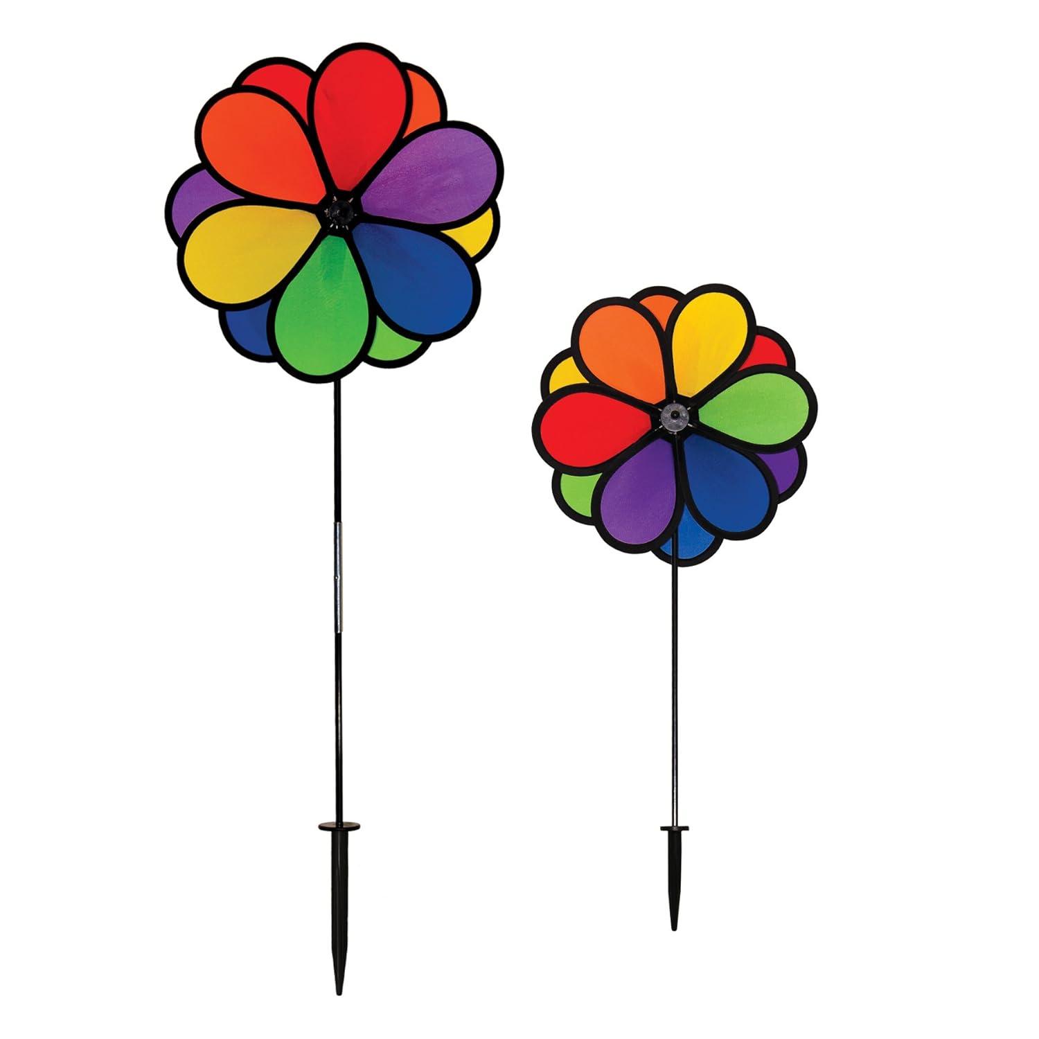 In the Breeze 2745 — Double Dazy Flower 14-inch Ground Spinner — Rainbow Flower Wind Spinner — Colorful Yard or Garden Decoration