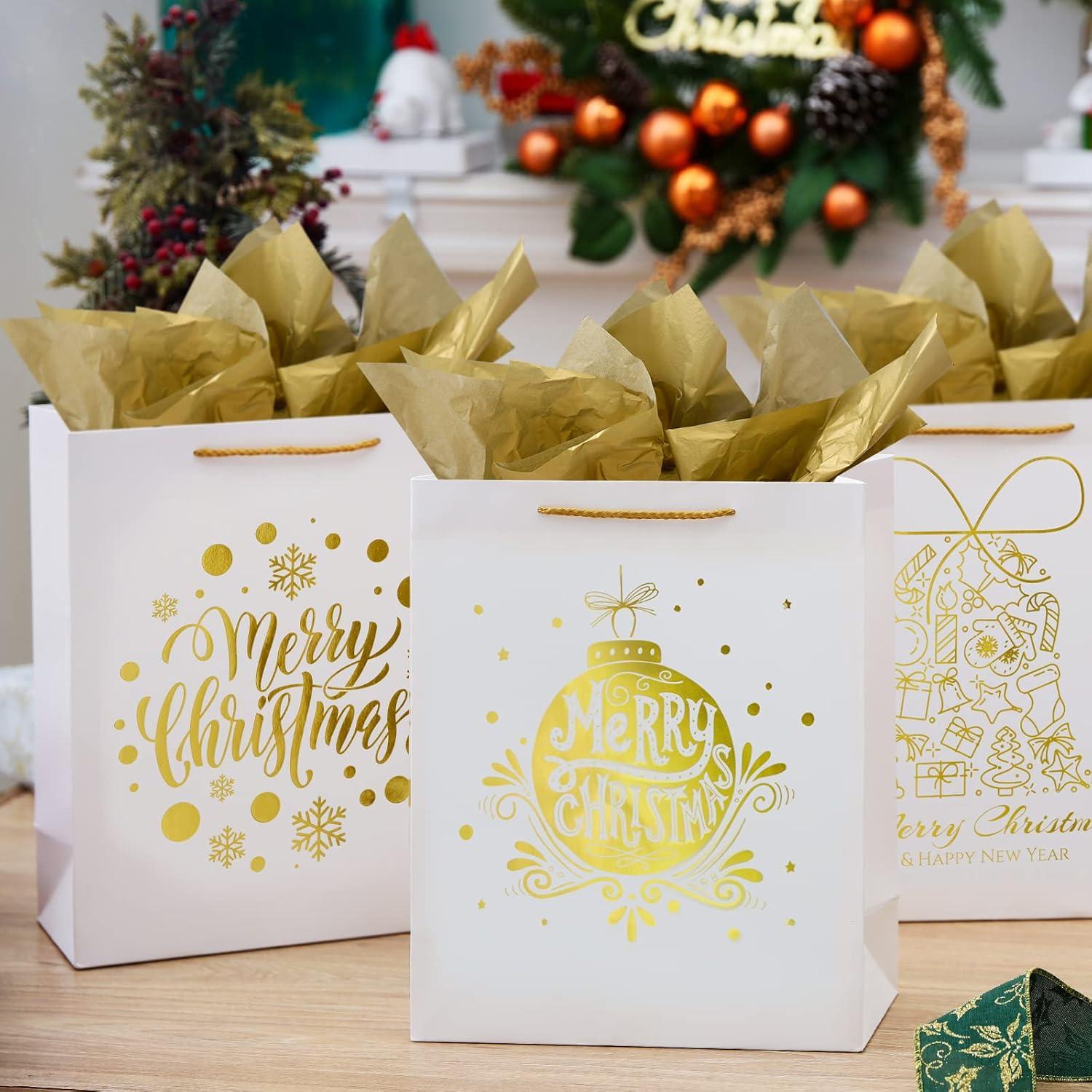 UNIQOOO 12Pcs Large White & Metallic Gold Foil Gift Bags, 4 Assorted Xmas Tree Snowflake Designs, Perfect for Christmas Thanksgiving New Year Party Favor