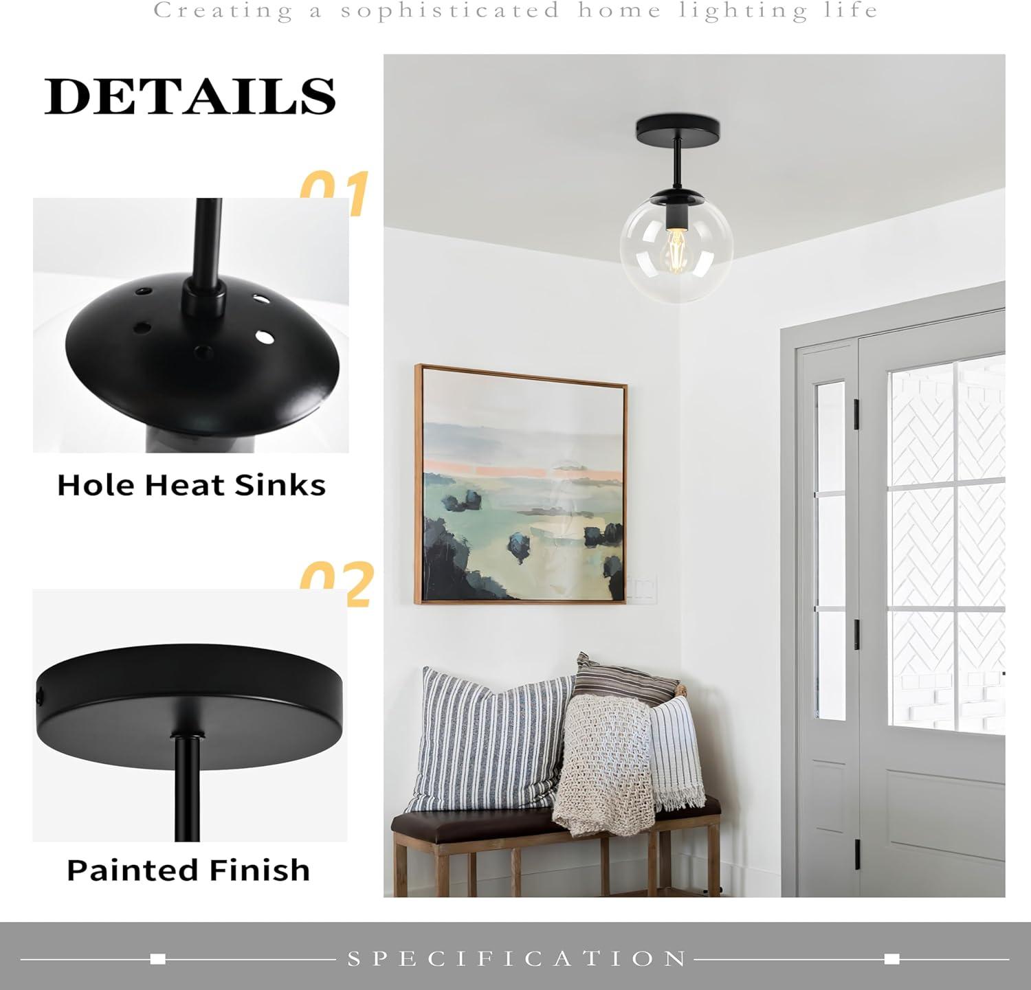Henn&Hart 9" Matte Black Metal/Glass Semi Flush Mount