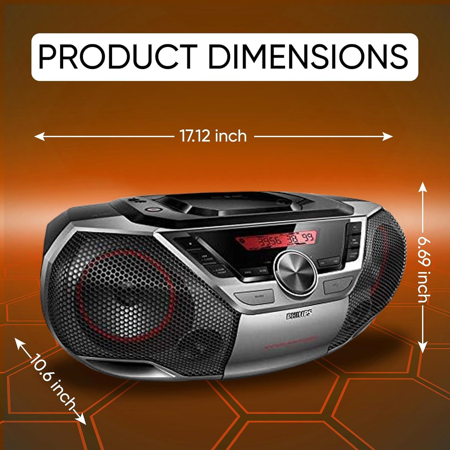 Philips Portable Boombox CD Player Bluetooth FM Radio MP3 Mega Bass Reflex Stereo Sound System with NFC, 12W, USB Input, Headphone Jack, and LCD Display