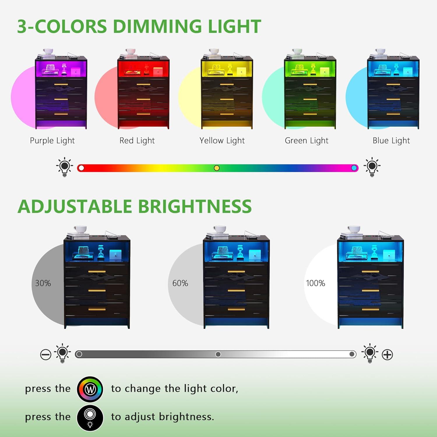 HNEBC Smart LED Nightstand with Wireless Charging & USB Ports, High Glossy Night Stand with 3 Drawers and 1 Pull-Out Tray, Modern Bedside Table with Human Sensor for Bedroom (White)