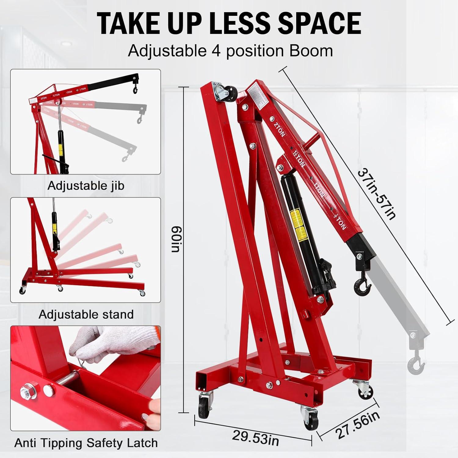 2 Ton Folding Engine Crane Engine Hoist Cherry Picker Ship Crane Heavy Duty Steel Lift Garage Workshop Auto Repair Foldable Stand 6 Caster