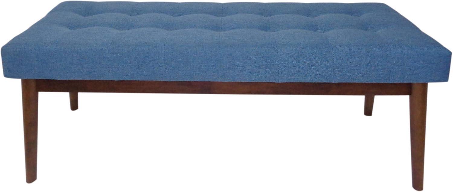 Flora Mid-Century Tufted Blue Fabric Ottoman Bench with Walnut Legs