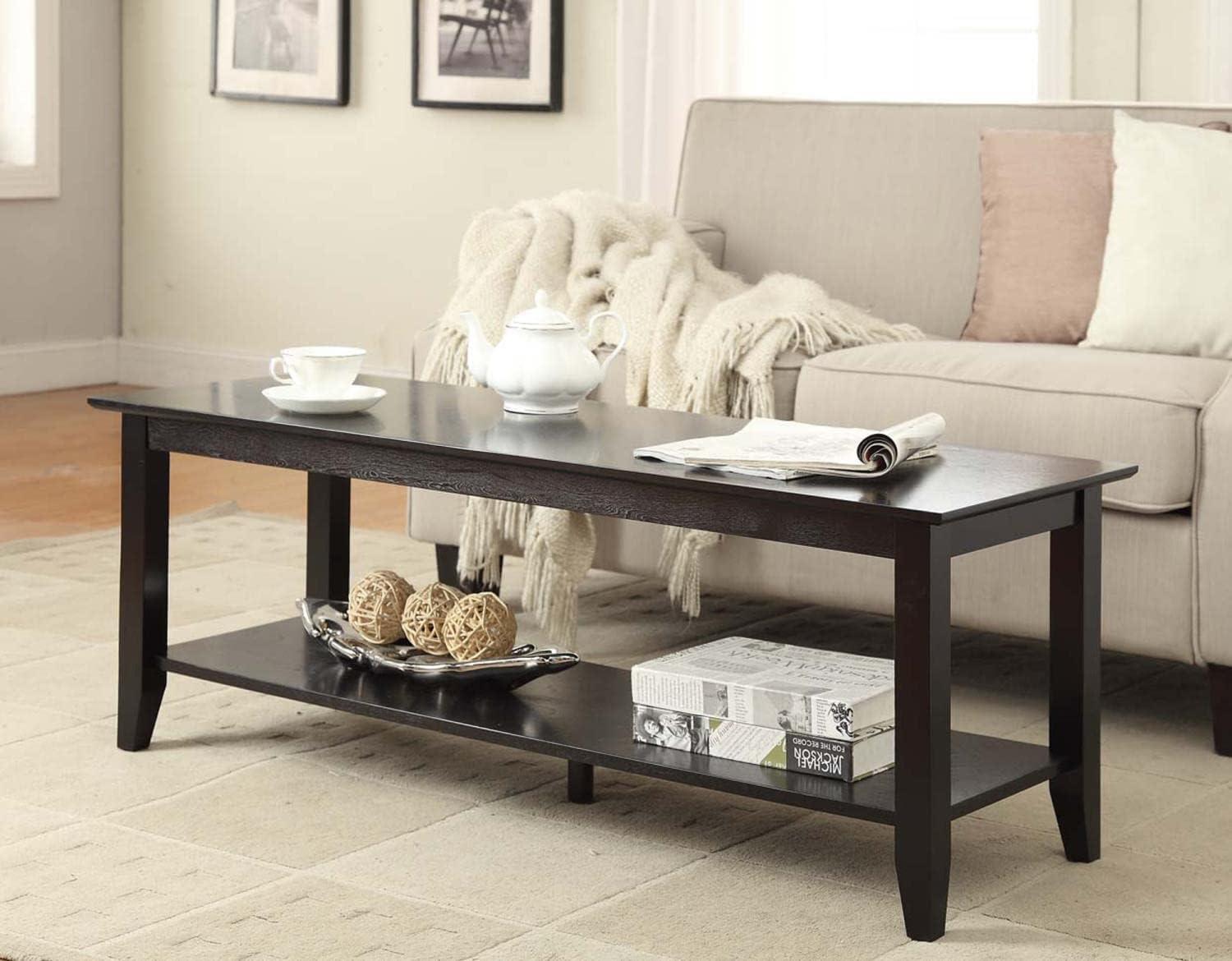 48" Black Rectangular Wood Coffee Table with Storage Shelf