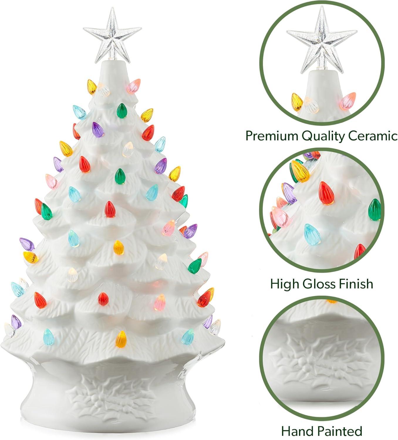 24" Hand Painted Ceramic Christmas Tree, Pre-Lit Tree with Star