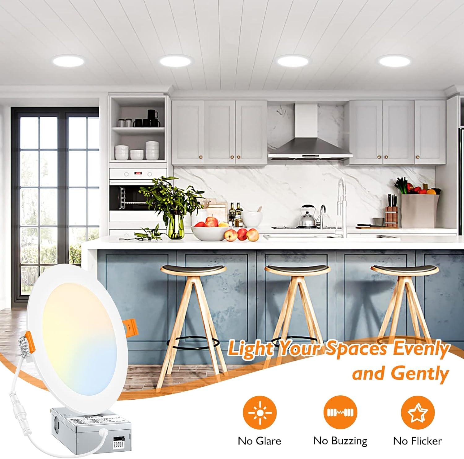 Beslowe 6 Packs 6 Inch 5CCT LED Recessed Ceiling Lights Ultra-Thin with Junction Box, 12W 150W Eqv, 3000K/3500K/4000K/5000K/6500K, 1200LM Dimmable Canless Downlights for Kitchen Hallway Dining Room