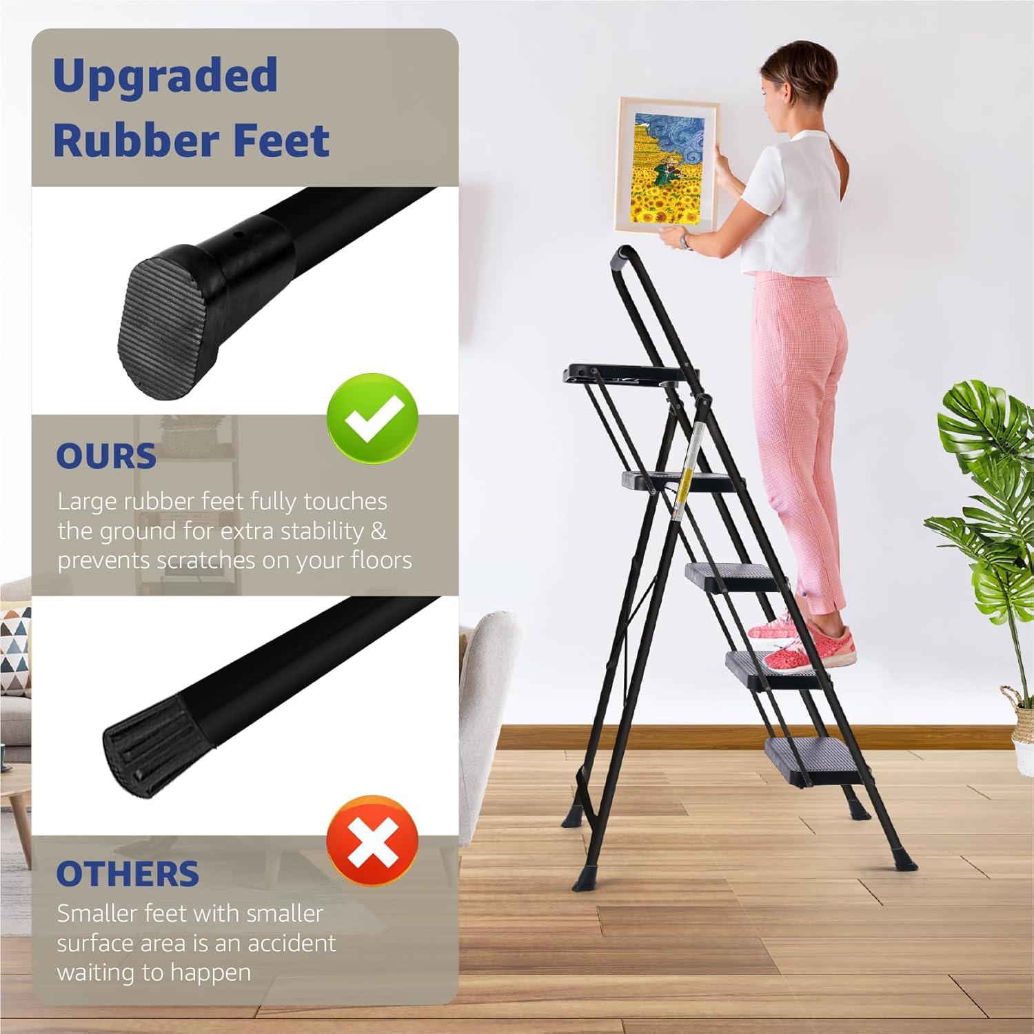 4-Step Ladder with Tool Platform, Wide Anti-Slip Platform & Thick Rubber Feet - Lightweight Heavy Duty Foldable & Portable - 330 lbs Capacity, Rubber Handgrip, Folding Step Stool - Black