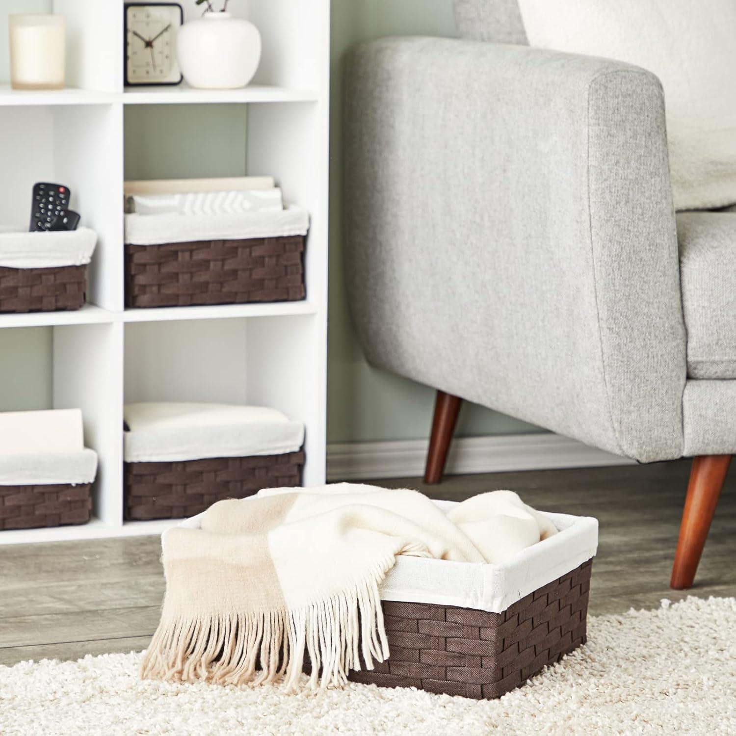 Rustic Brown Wicker Rectangular Storage Basket Set with Beige Liners