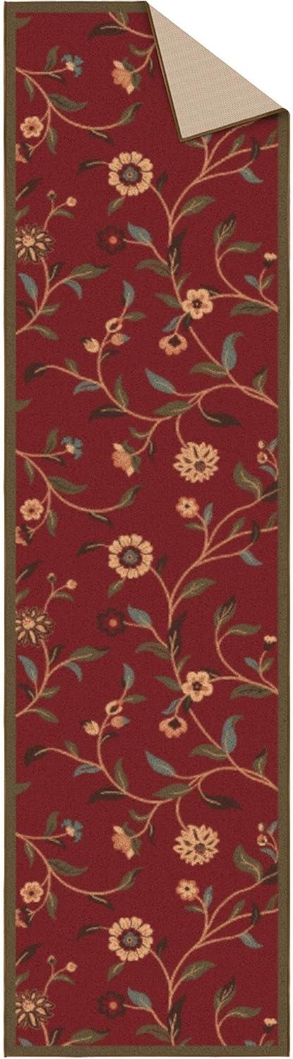 Ottohome Non-Slip Floral Leaves Area Rug For Living Room, Hallway, Entryway Rug, Dark Red