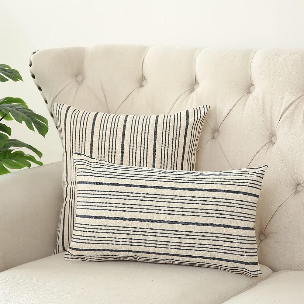 Modern Black and Beige Cotton Striped Throw Pillow Set