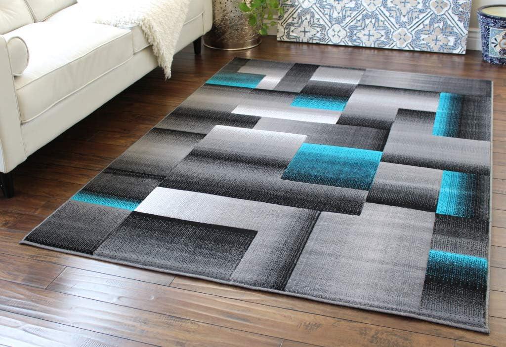 BizChair Modern Contemporary Area Rug, Turquoise Grey Black (6 Feet X 9 Feet)