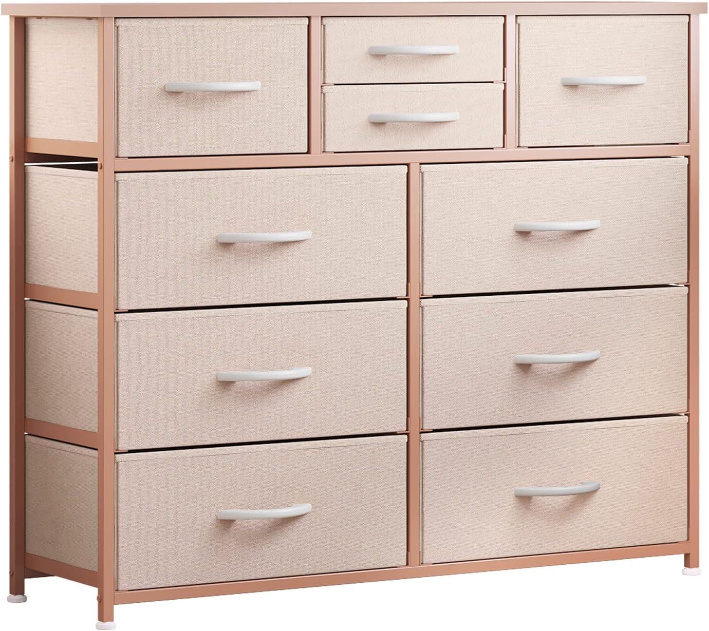 Dresser for Bedroom with 10 Drawers, Dressers & Chest of Drawers, Long Fabric Storage Drawer with Wood Tabletop for Kids Room, Closet, Hallway, Entryway